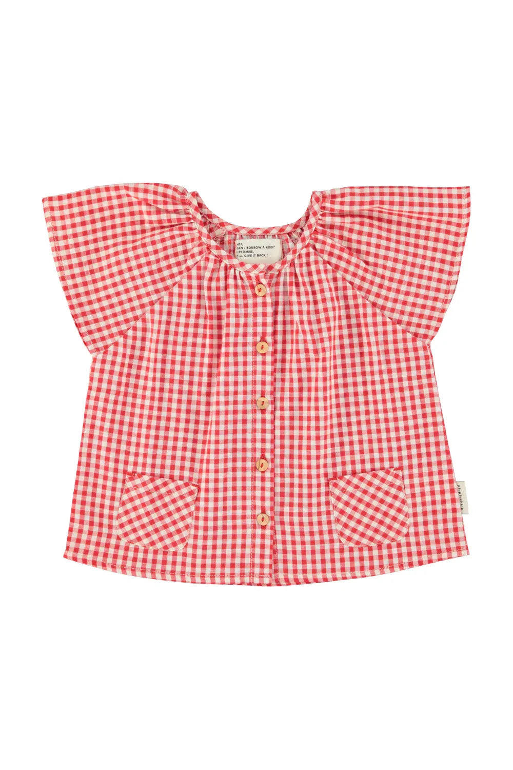 Blouse With Butterfly Sleeves Red And Ecru Checkered - KDkes