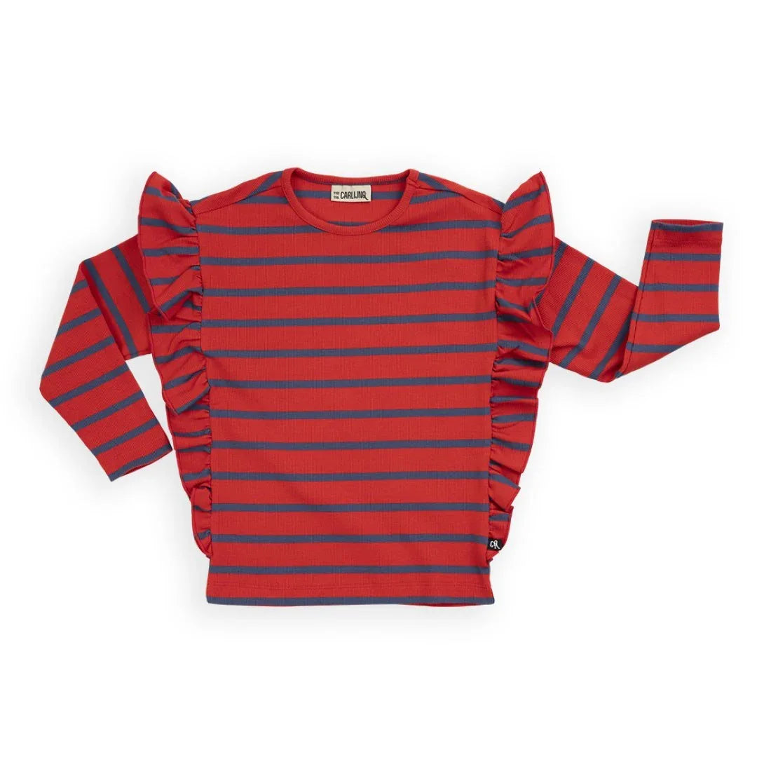Ruffled Longsleeve Top Stripes Red Blue - CarlijnQ