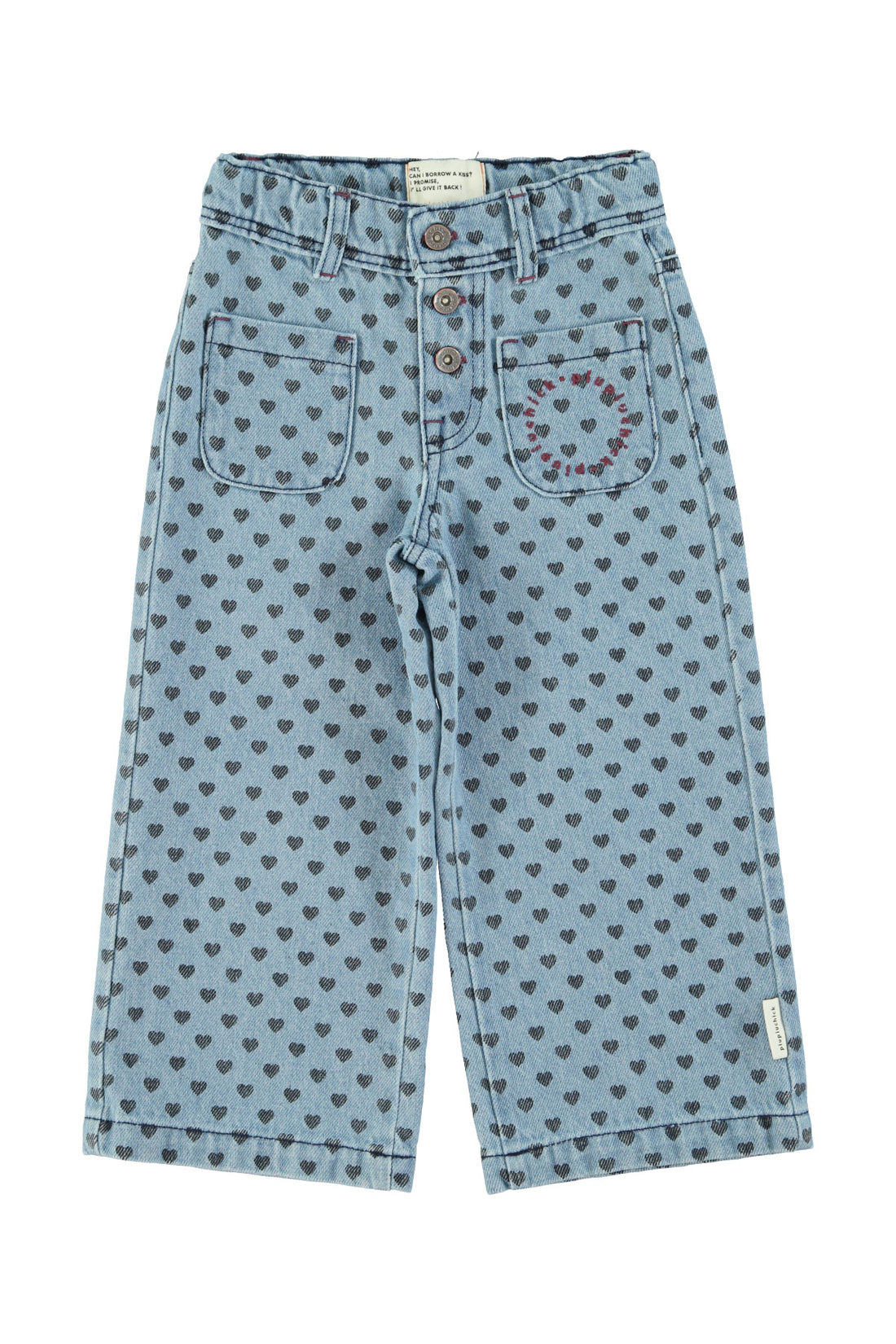 Flare Trousers Washed Blue Denim With Black Hearts
