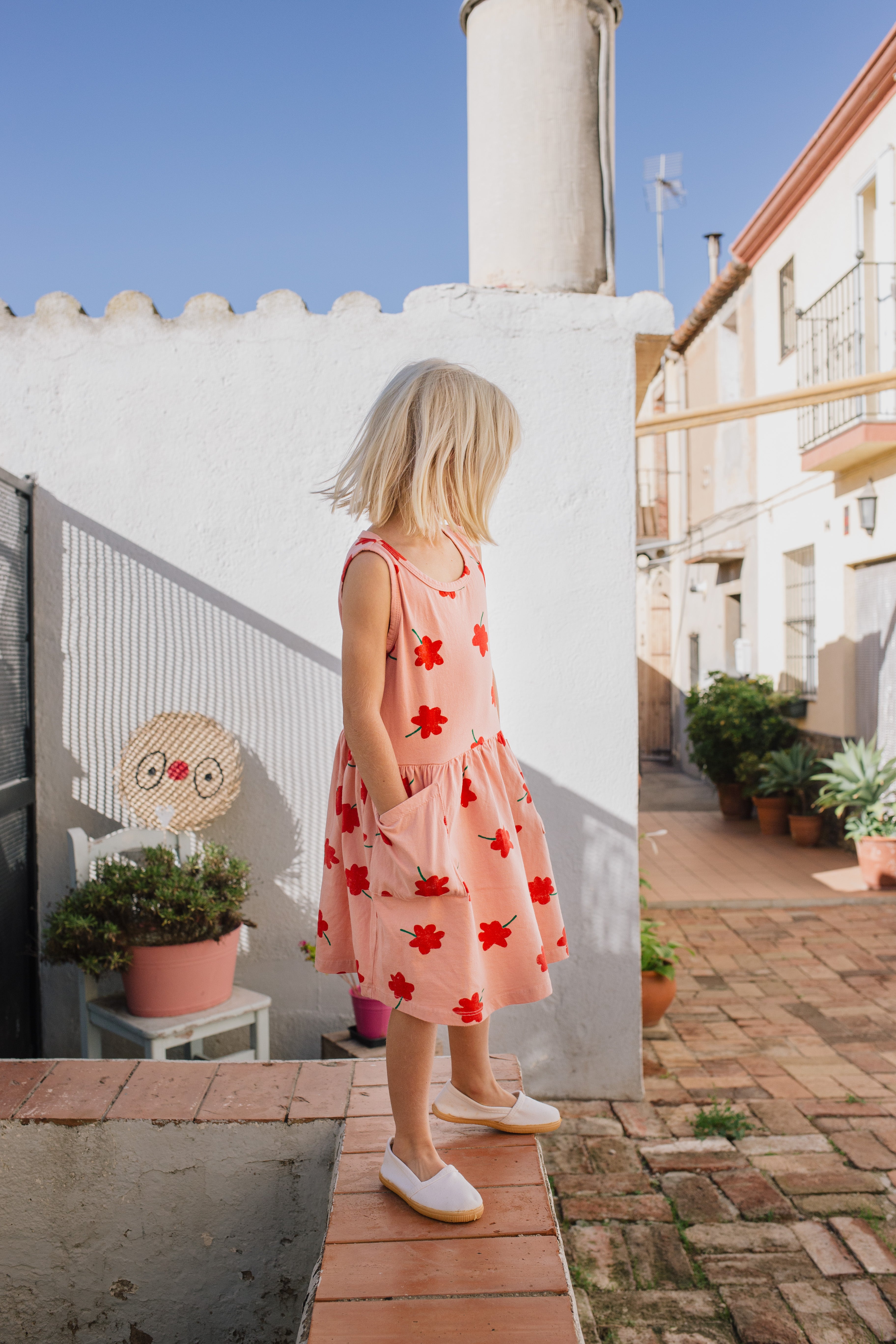 Dress Sleeveless Pockets Poppies All Over Pale Pink