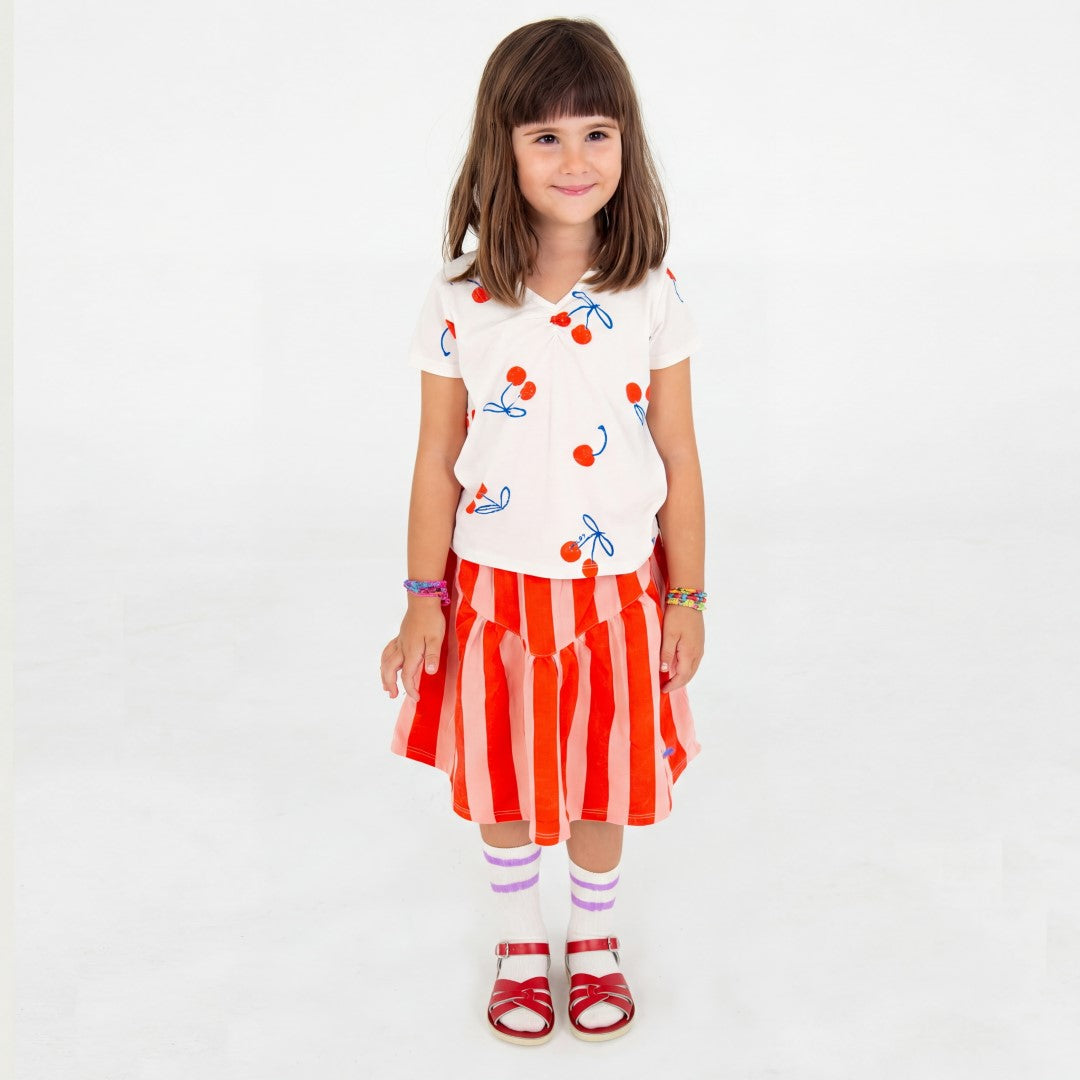 Woven Twill Skirt Lotie Embroidery Red Stripes Clay Pink