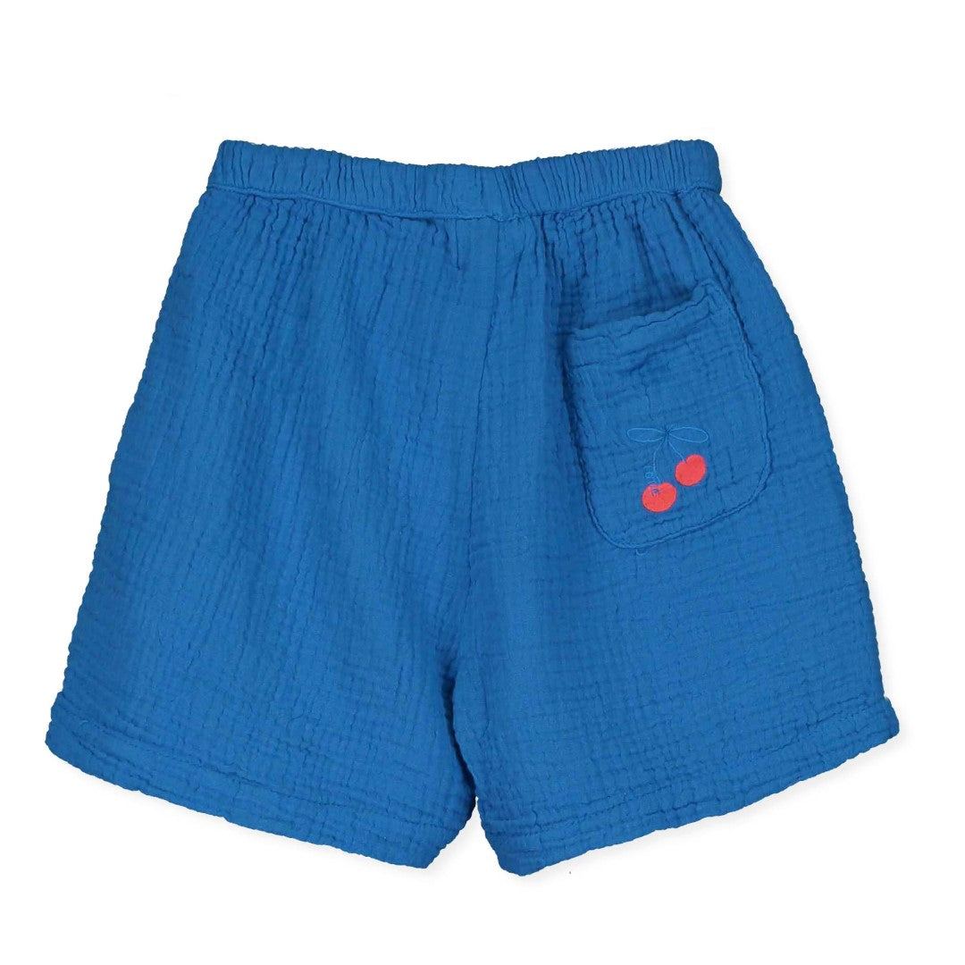 Woven Linen Bermuda Cherries Embroidery Royal Blue