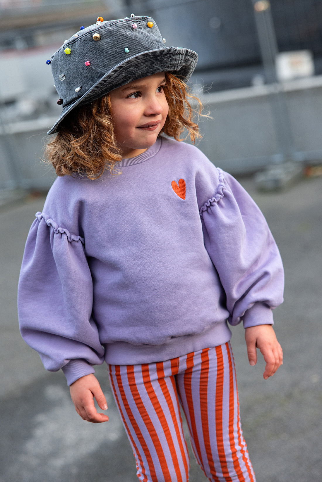 Sweatshirt Puff Sleeves Heart Lavender