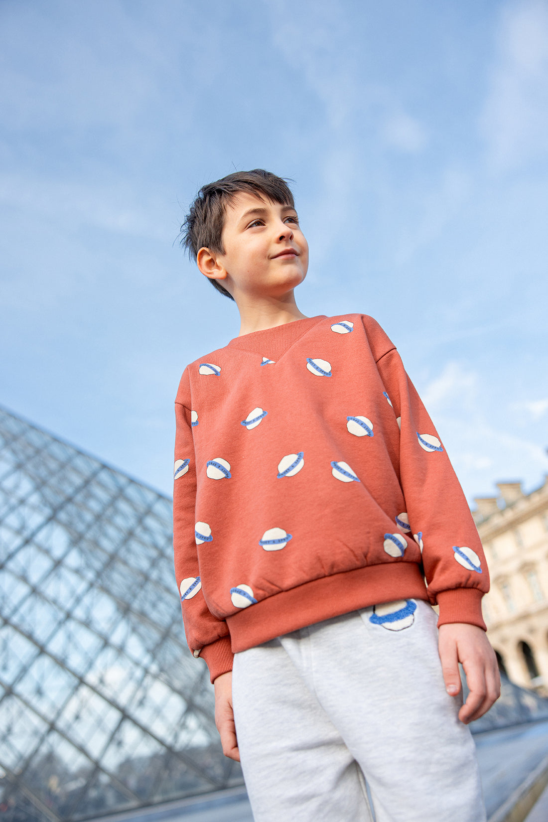 Sweatshirt Rib Neck Saturn Print Macaron