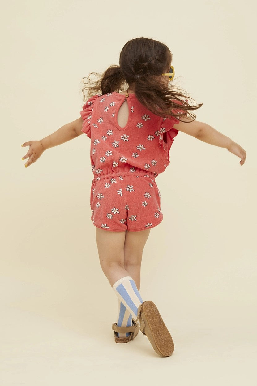 Ruffle Terry Jumpsuit Daisies Print