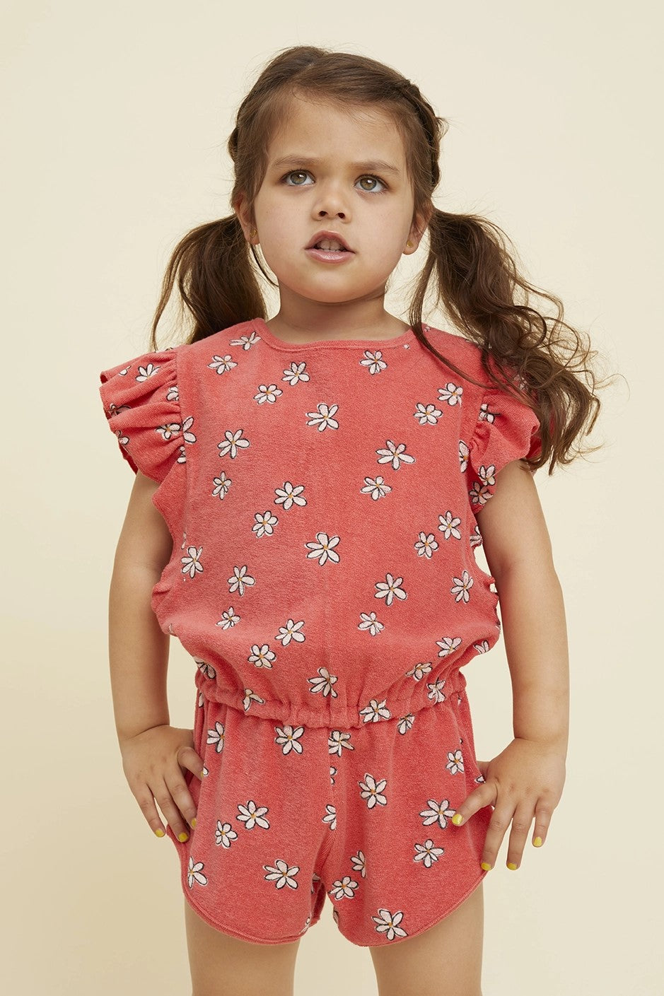 Ruffle Terry Jumpsuit Daisies Print