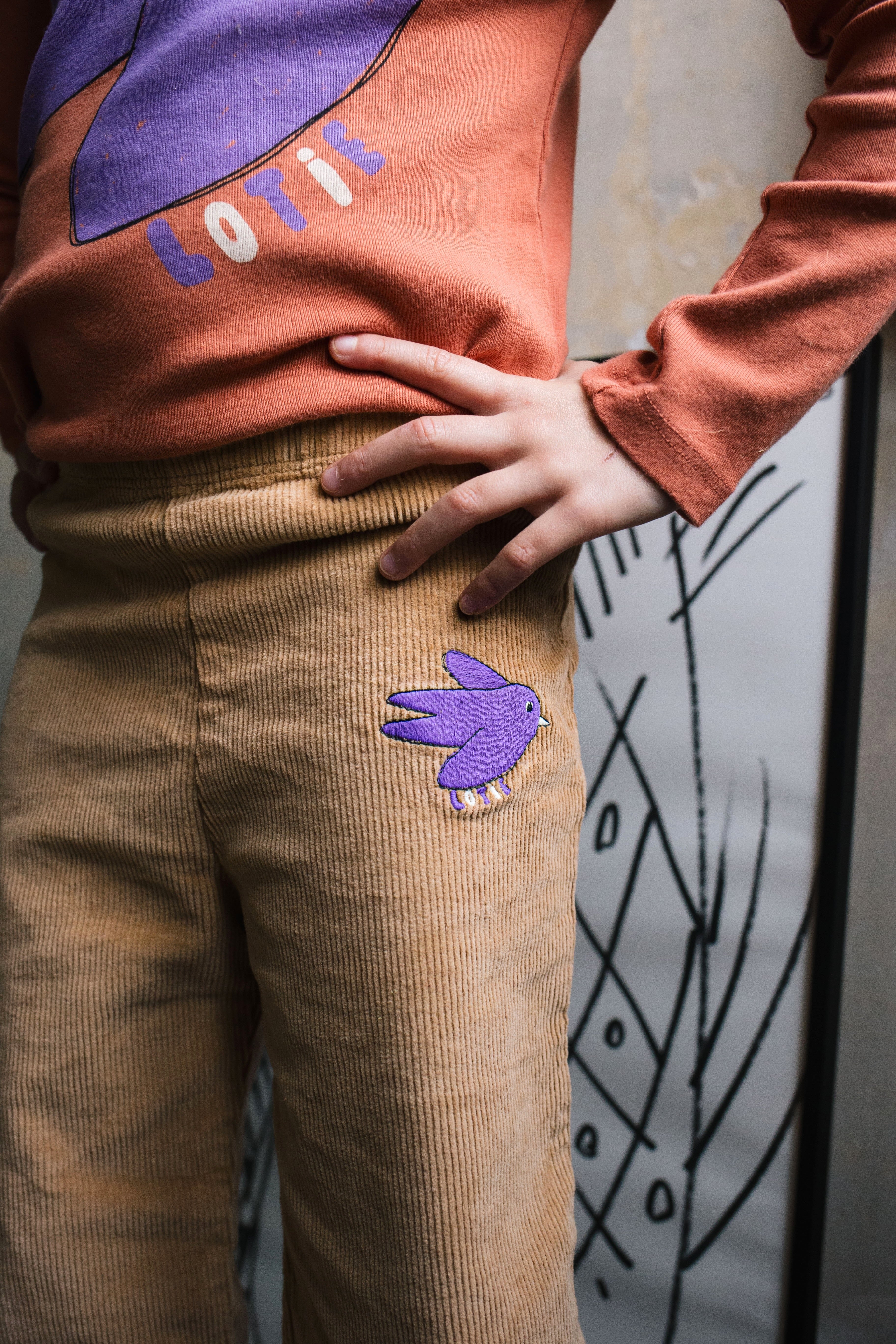 Corduroy Pants Flowing Birds Embroidery Toasted
