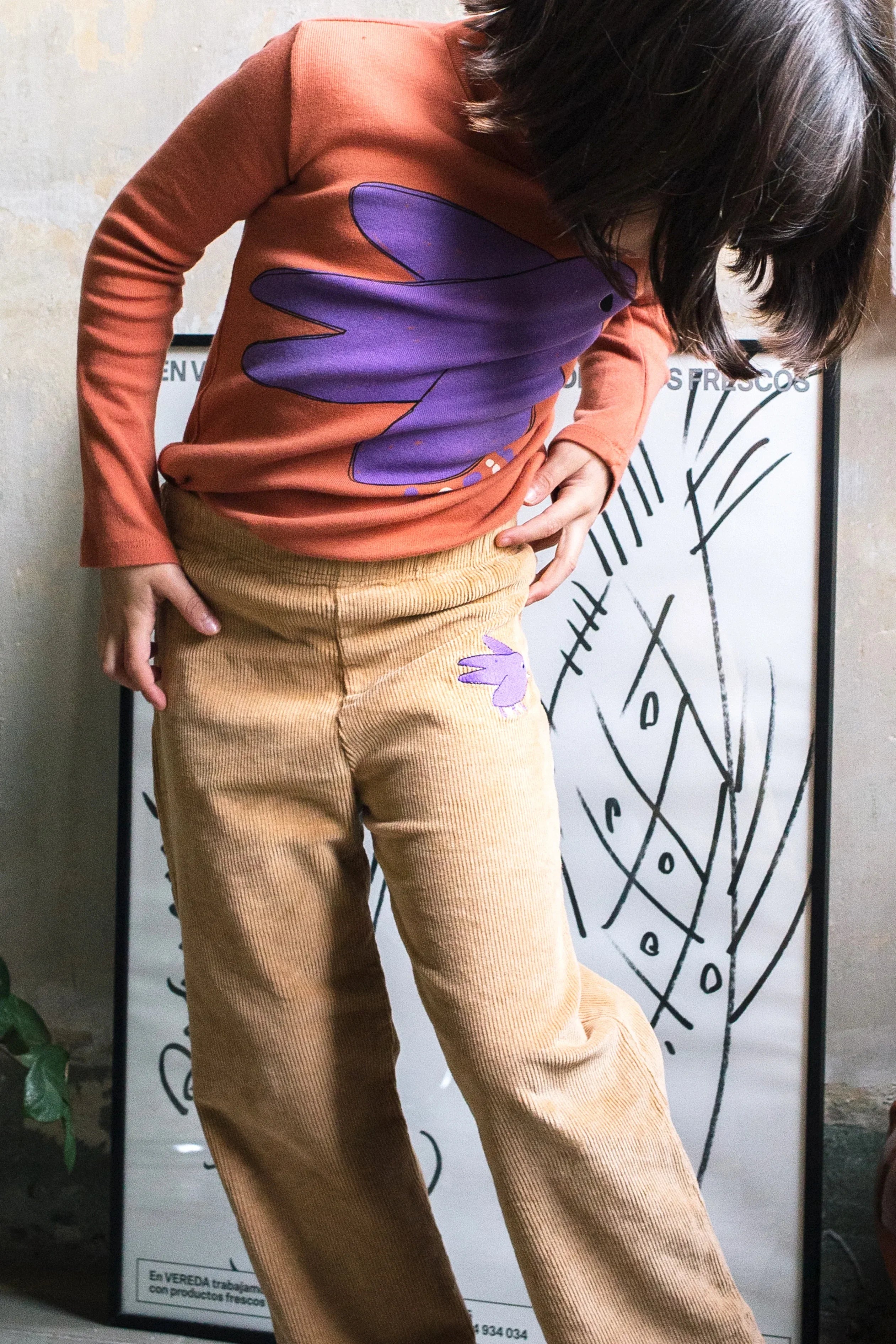 Corduroy Pants Flowing Birds Embroidery Toasted - KDkes