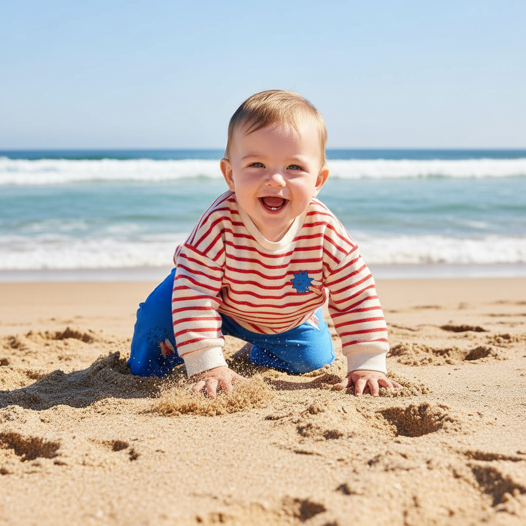 Baby kruipend in gestreepte sweater en blauw broekje op strand