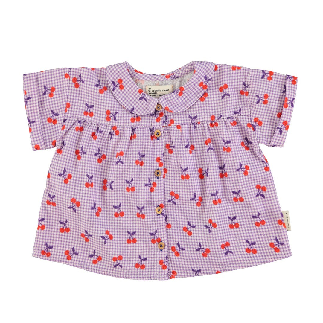 Peter Pan Collar Shirt Purple And White Checkered With Cherries