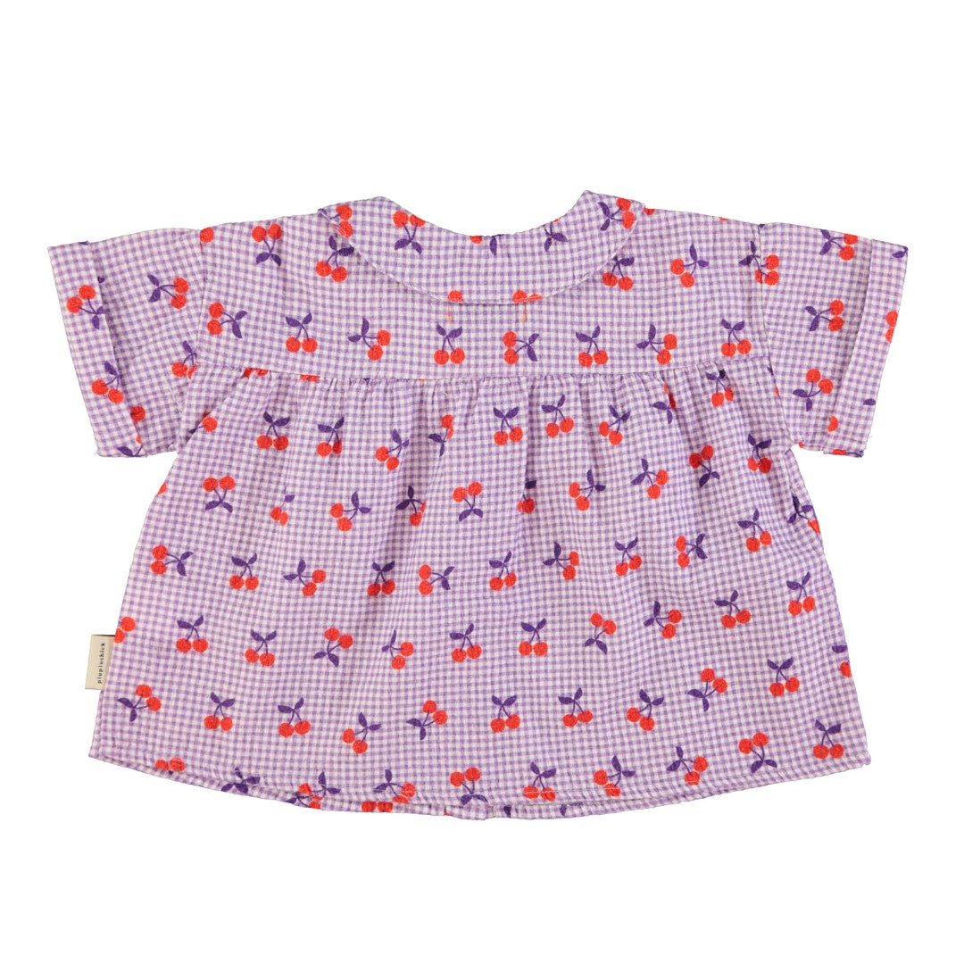 Peter Pan Collar Shirt Purple And White Checkered With Cherries