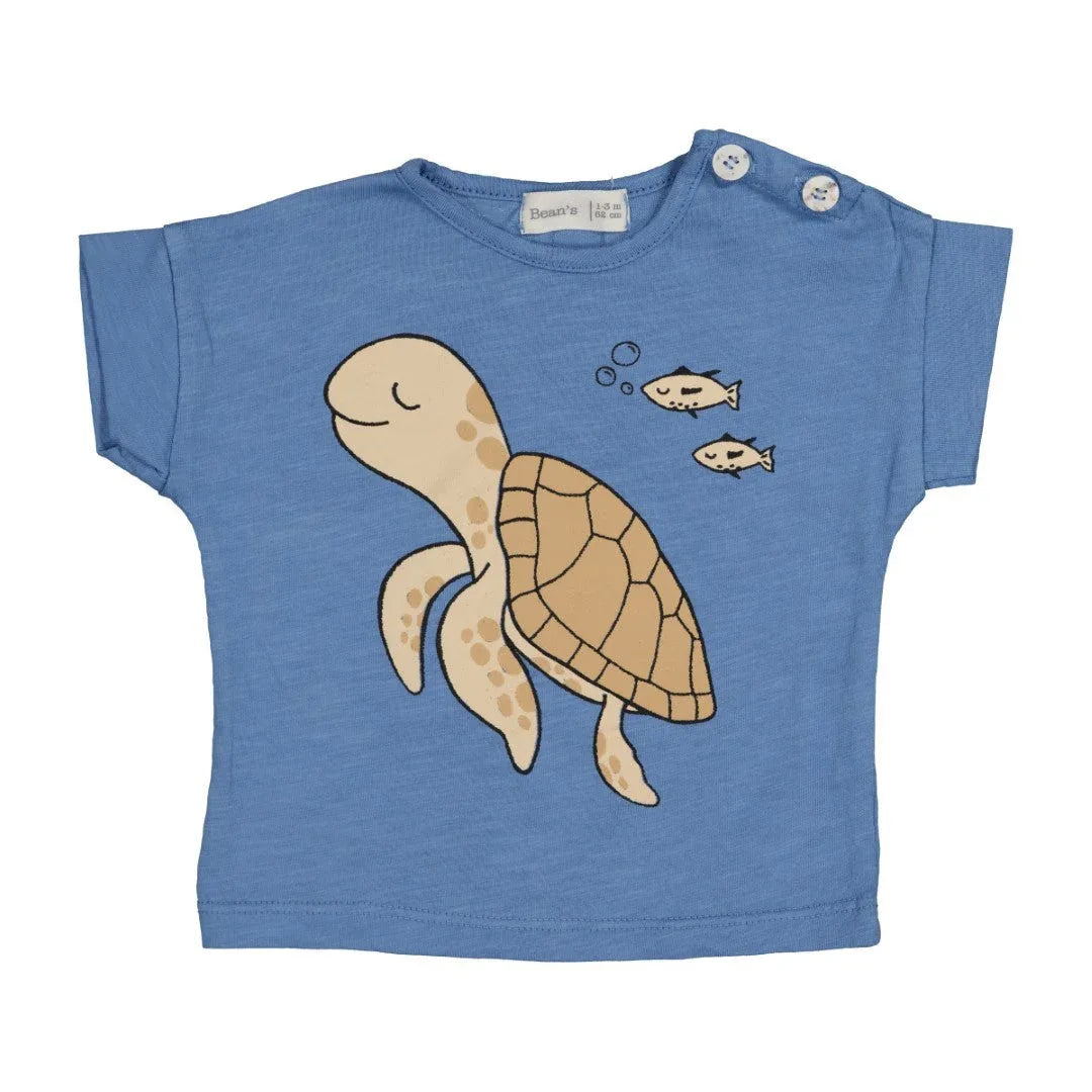 Beach Cotton Slub Sea Turtle T-shirt Blue - Beans Barcelona