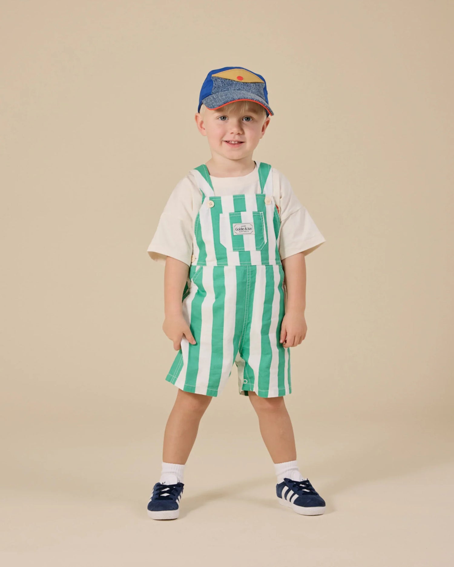 Happy Stripe Button Burton Overall Green White - Goldie+Ace