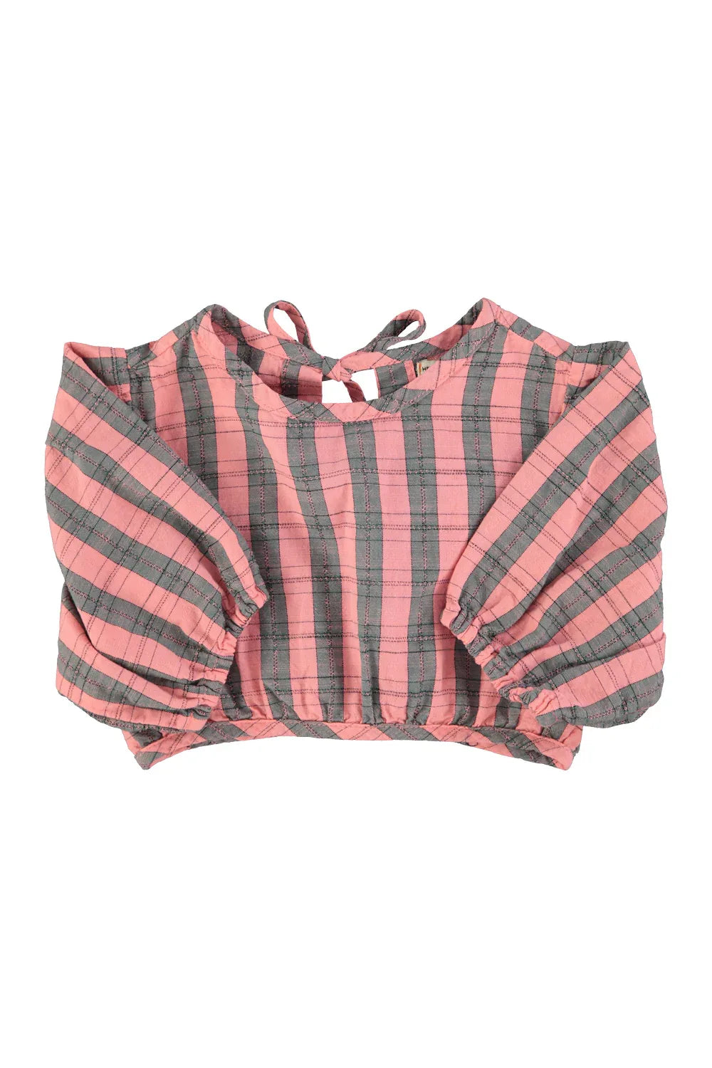 Cropped Blouse With Baloon Sleeves Pink And Green Checkered - KDkes