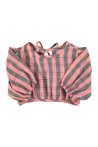 Cropped Blouse With Baloon Sleeves Pink And Green Checkered - KDkes