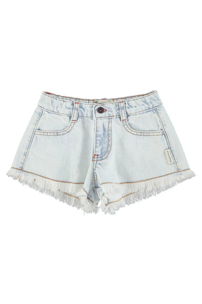 Shorts With Fringes Washed Light Blue Denim - Piupiuchick