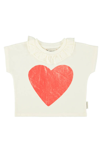 T-shirt With Collar Ecru With Red Heart Print - Piupiuchick