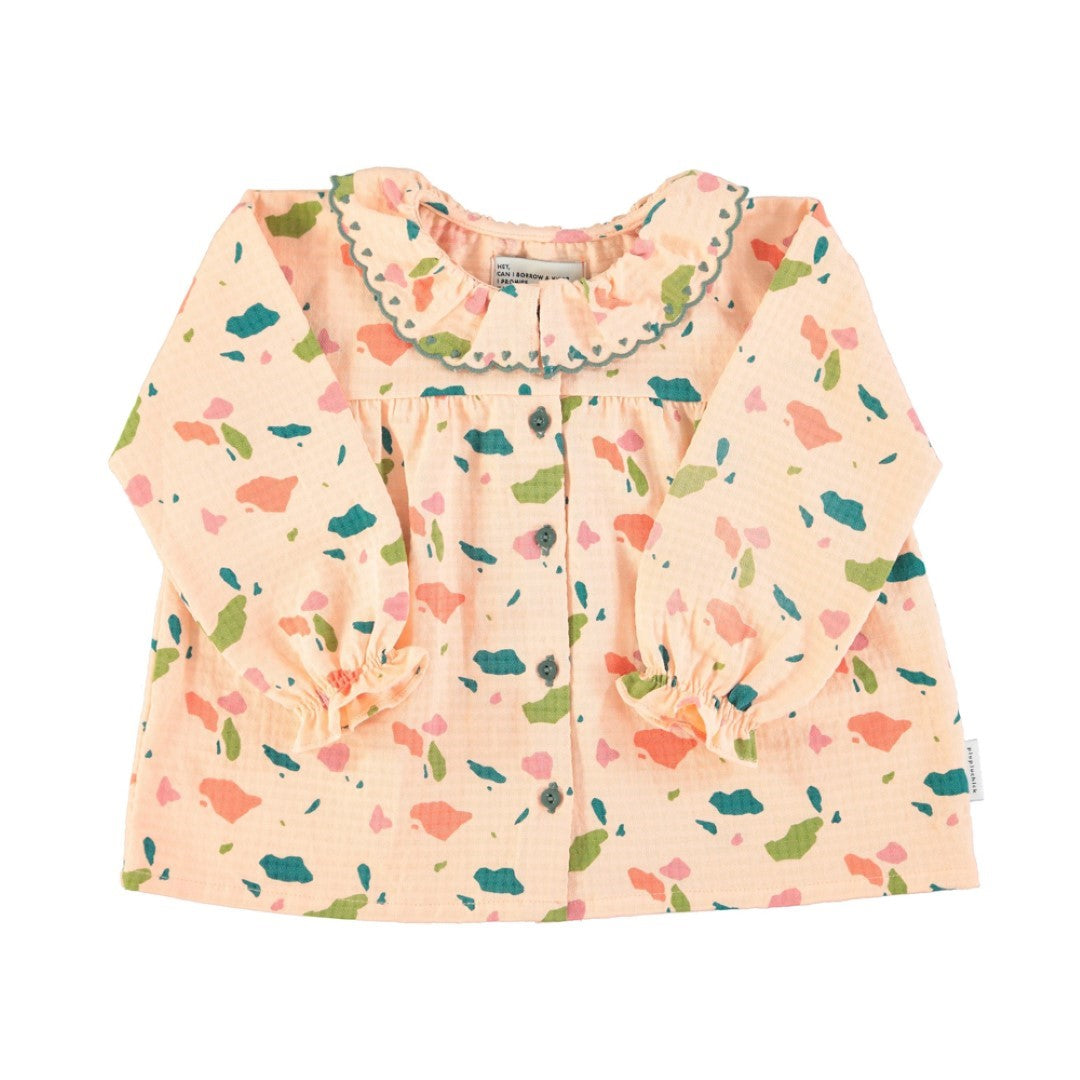 Blouse Embroidered Collar Pink Multicolor Geometric Allover