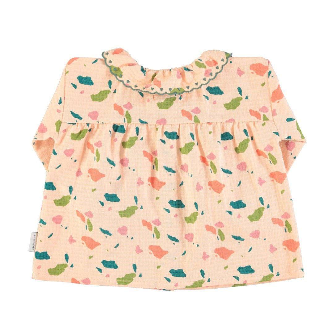 Blouse Embroidered Collar Pink Multicolor Geometric Allover