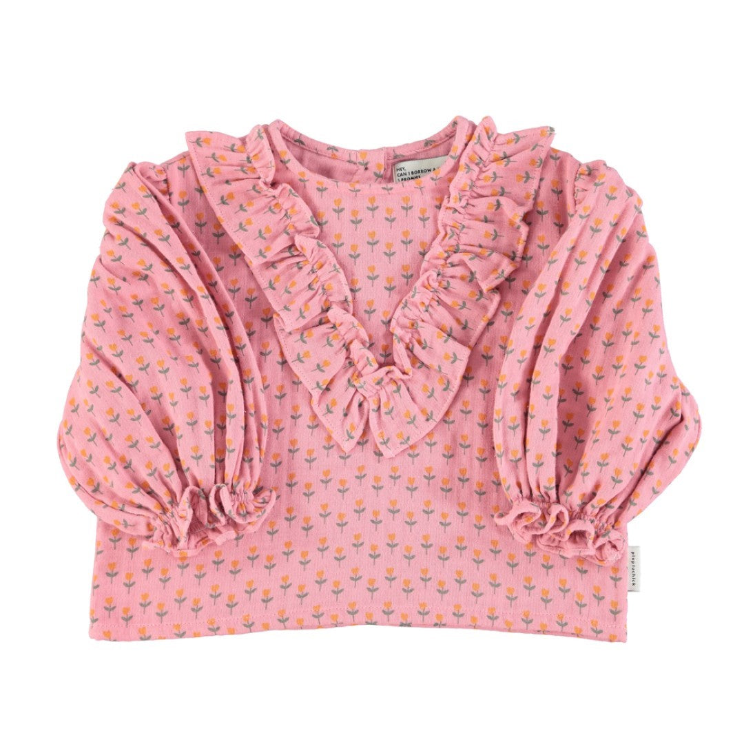 Blouse V-neck Ruffles Pink With Little Flowers