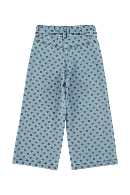 Flare Trousers Washed Blue Denim With Black Hearts