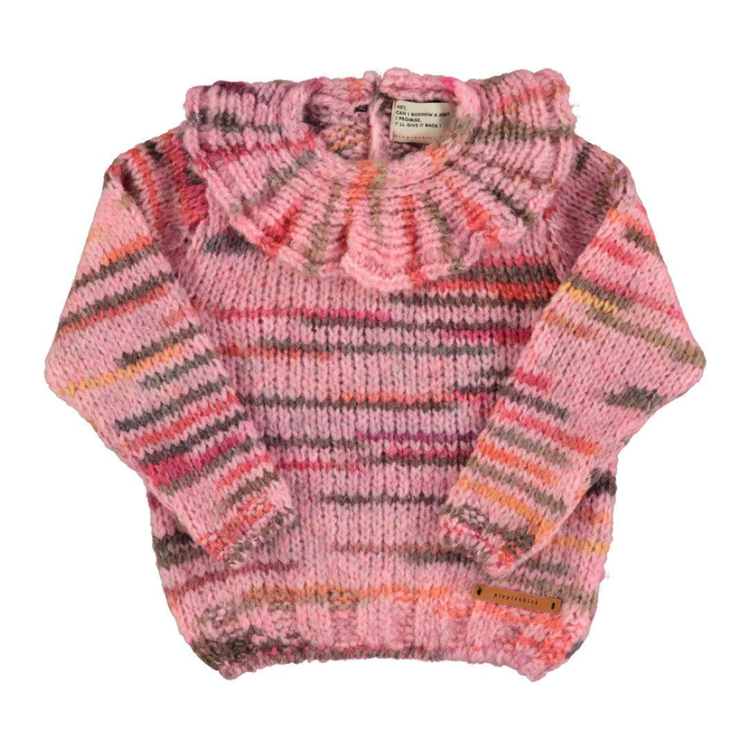 Knitted Sweater With Collar Multicolor Pink