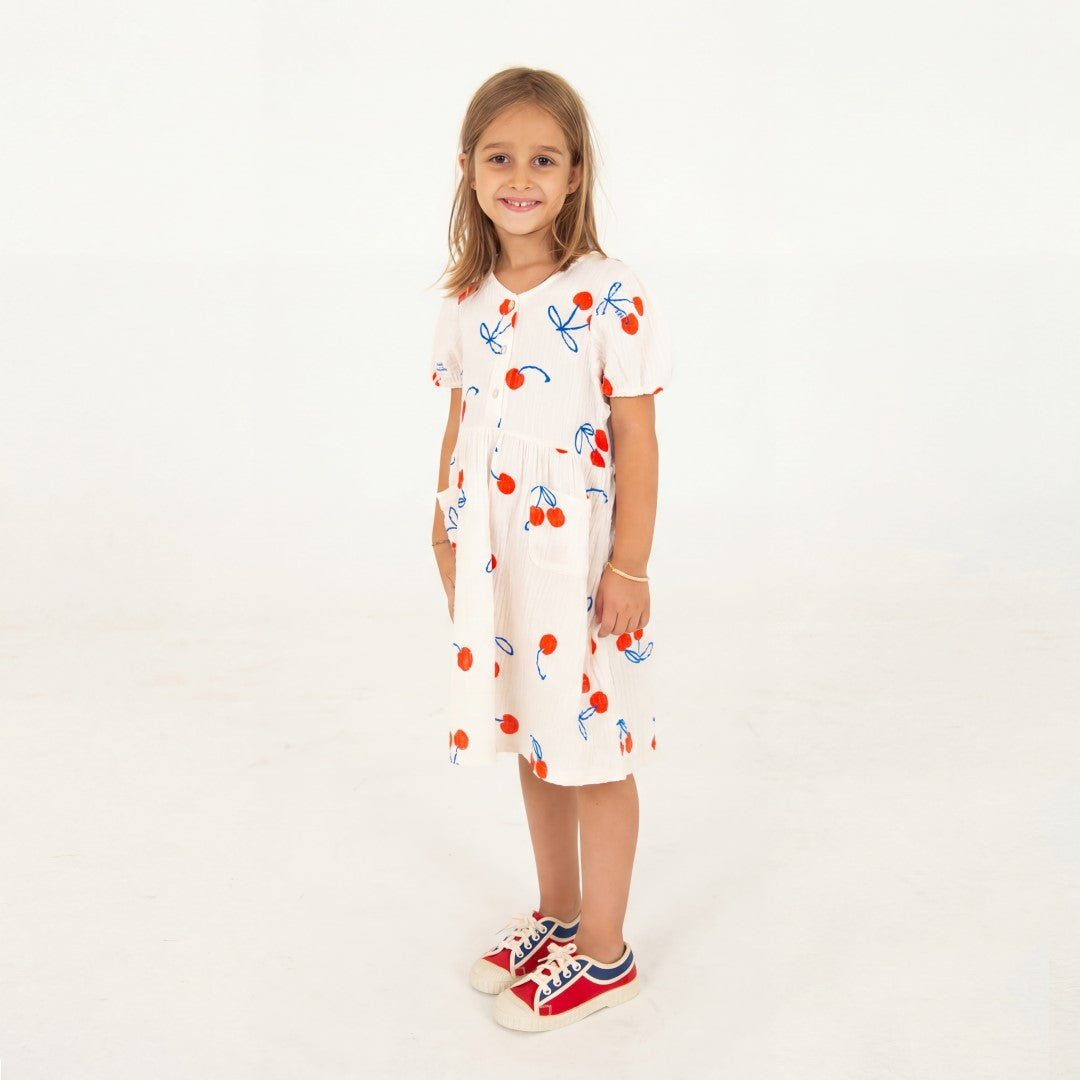 Bloused Woven Dress Cherries Allover Offwhite