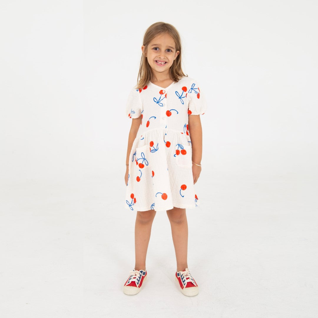 Bloused Woven Dress Cherries Allover Offwhite