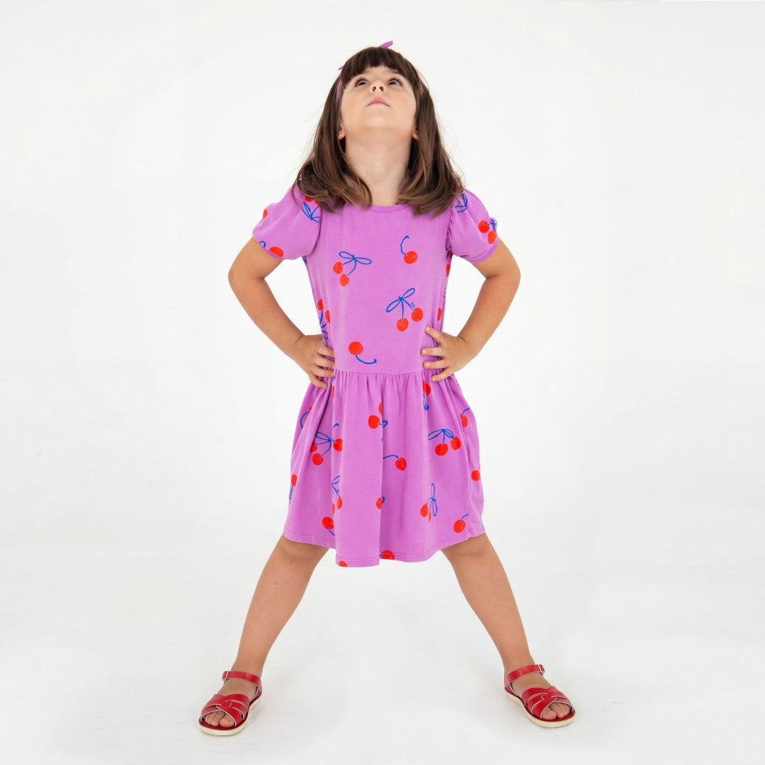 Bloused Sleeve Dress Cherries Allover Magenta