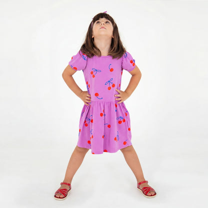 Bloused Sleeve Dress Cherries Allover Magenta
