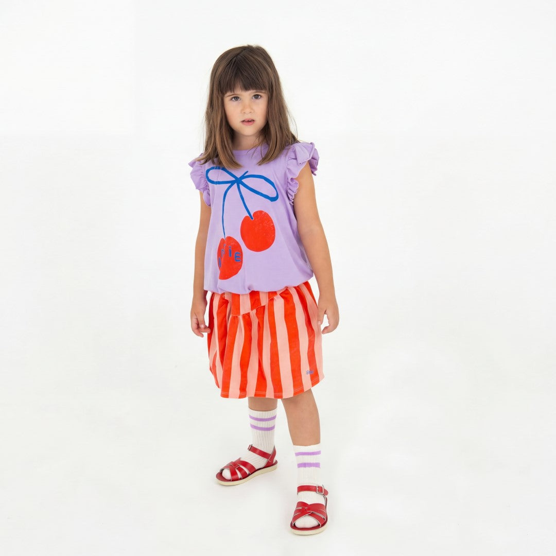 Woven Twill Skirt Lotie Embroidery Red Stripes Clay Pink