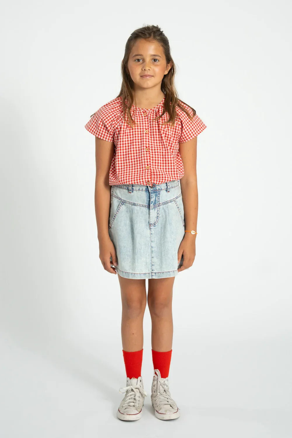 Blouse With Butterfly Sleeves Red And Ecru Checkered - KDkes