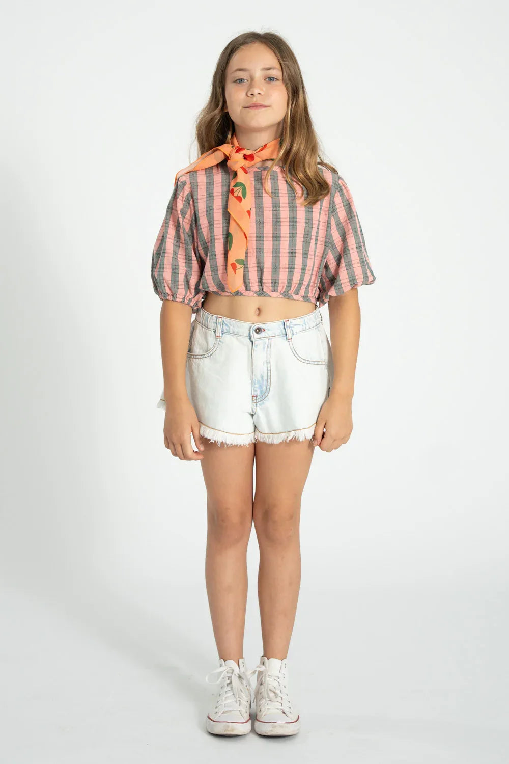 Cropped Blouse With Baloon Sleeves Pink And Green Checkered - KDkes