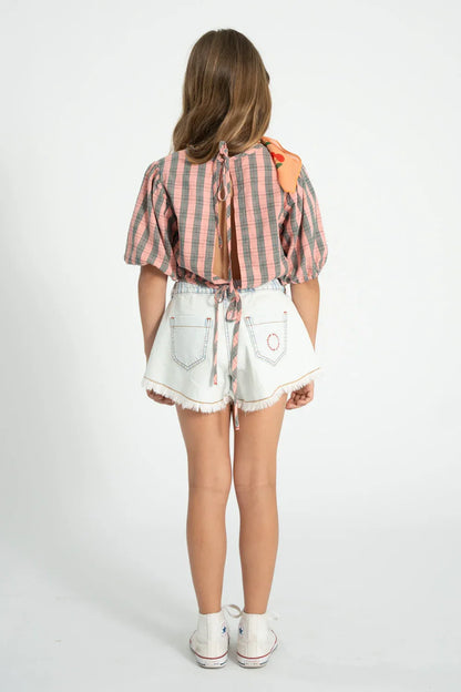 Cropped Blouse With Baloon Sleeves Pink And Green Checkered - KDkes
