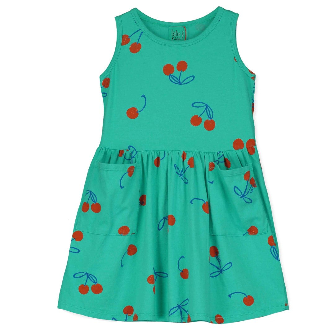 Sleeveless Pockets Dress Cherries Allover Green