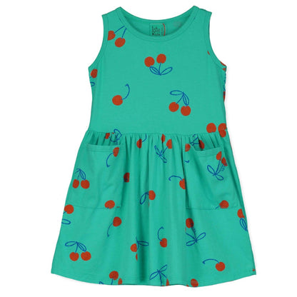 Sleeveless Pockets Dress Cherries Allover Green