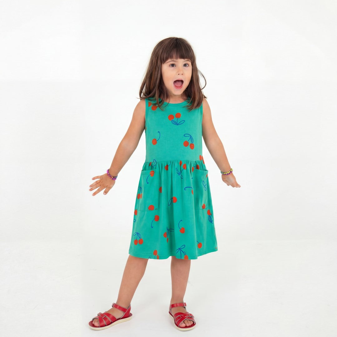 Sleeveless Pockets Dress Cherries Allover Green
