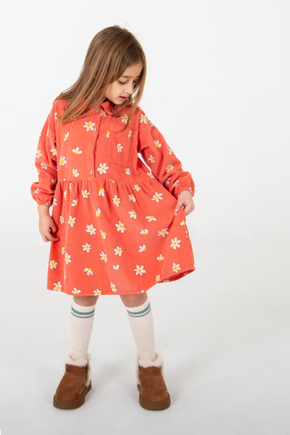 Coral Daisies Corduroy Dress
