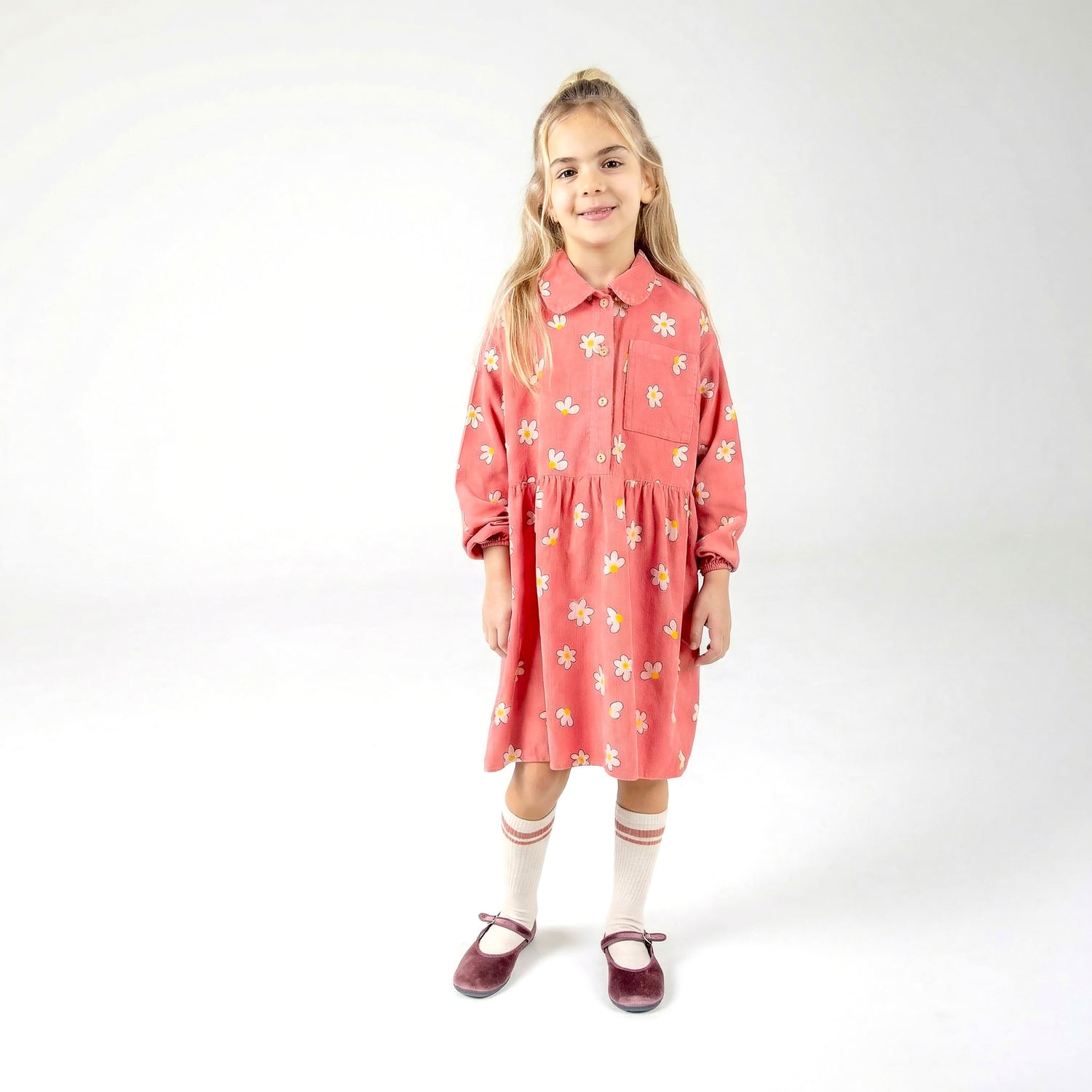 Coral Daisies Corduroy Dress