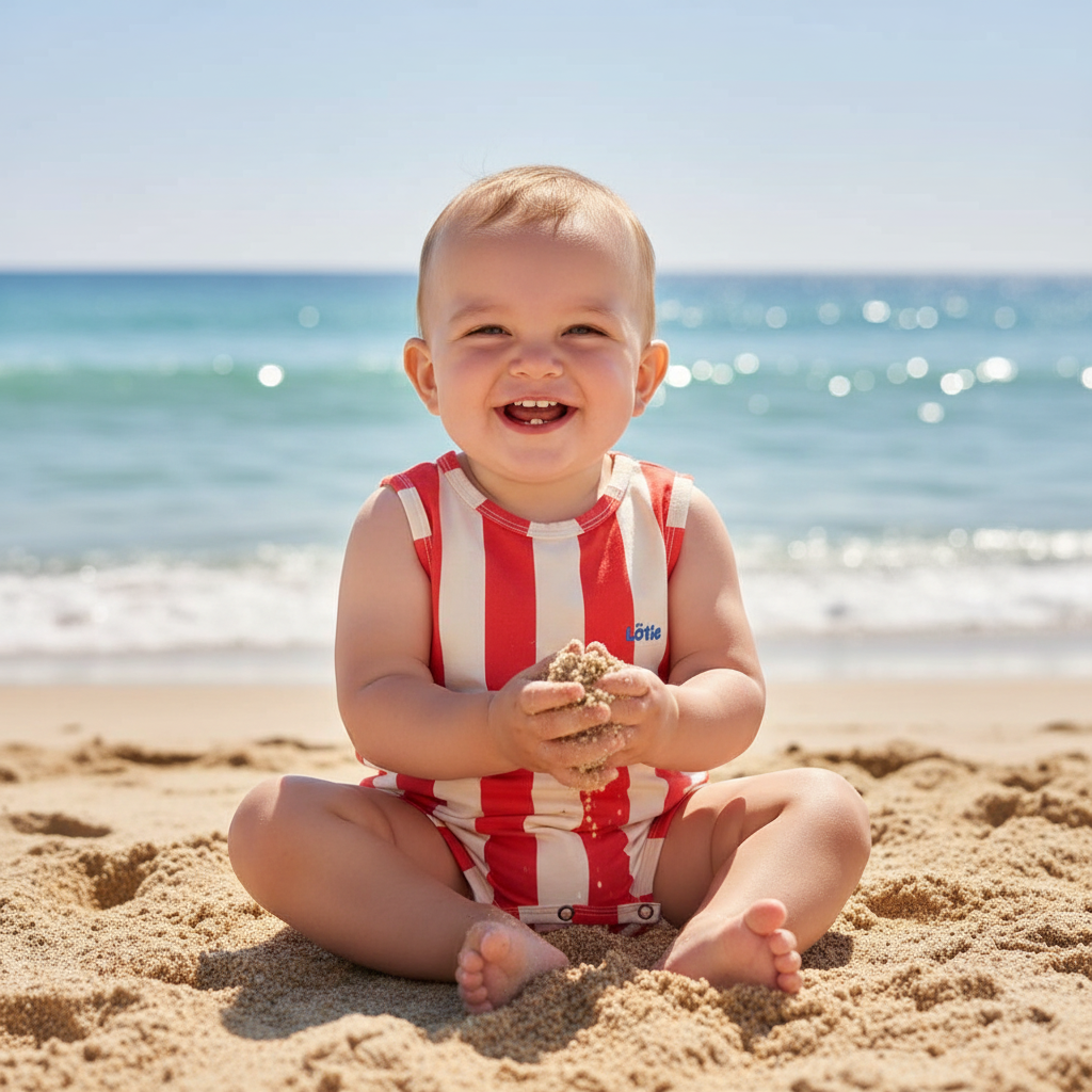 Baby in gestreept rompertje op strand