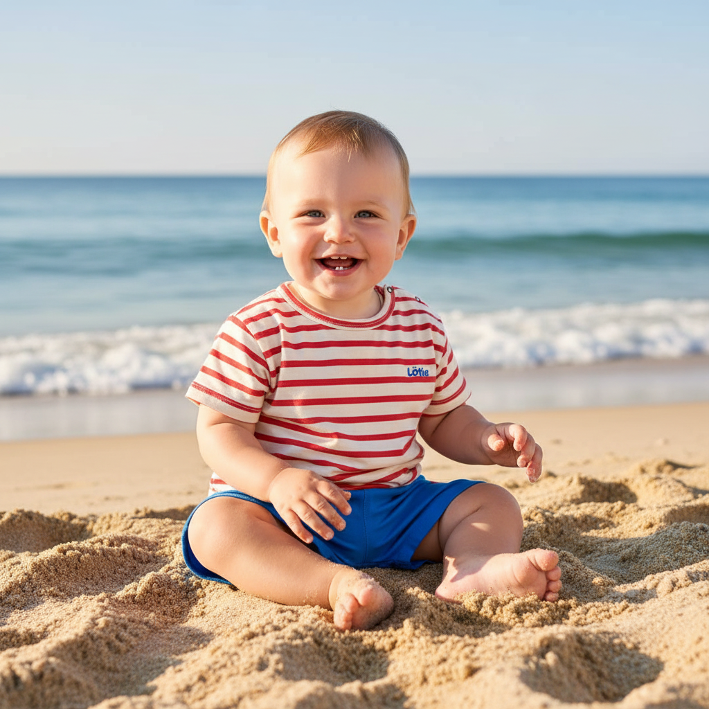 Babyjongetje in T-shirt en shortje zittend op strand