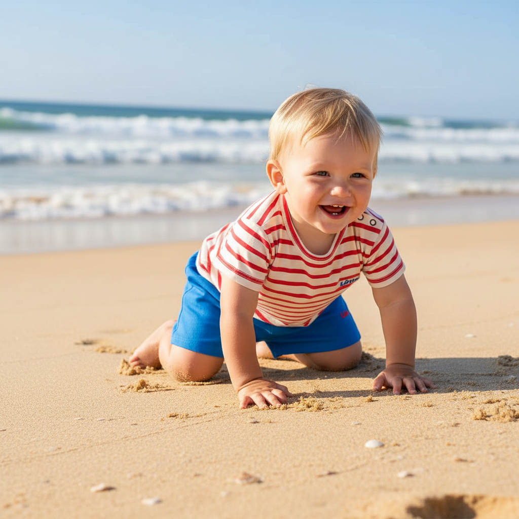 Babyjongetje kruipend in T-shirt en shortje op strand