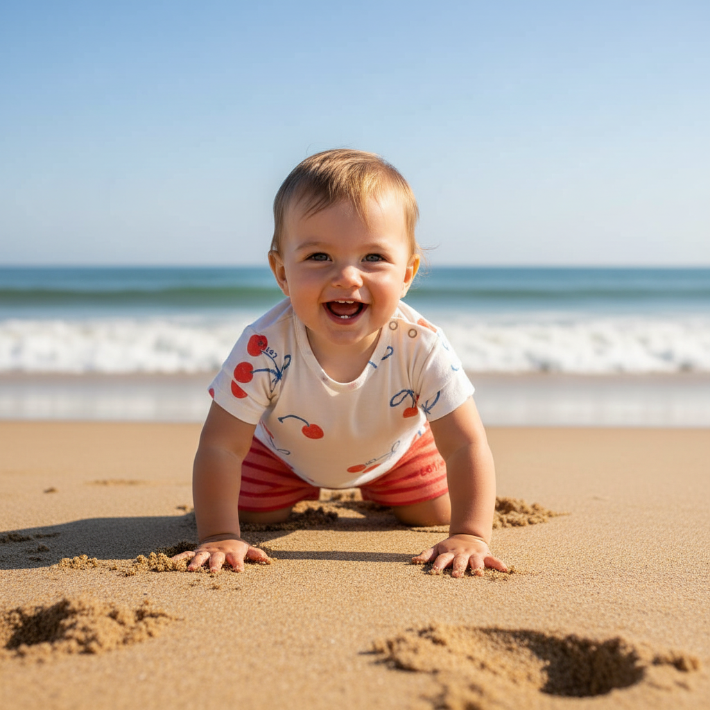 Babymeisje kruipend in kersen T-shirt en gestreept shortje op strand