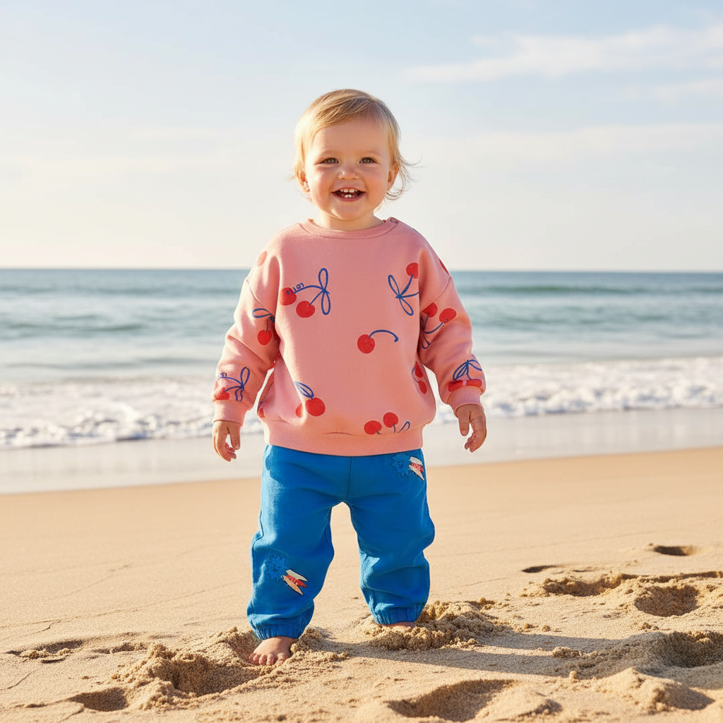 Babymeisje rechtstaand in kersensweater en blauw broekje op strand