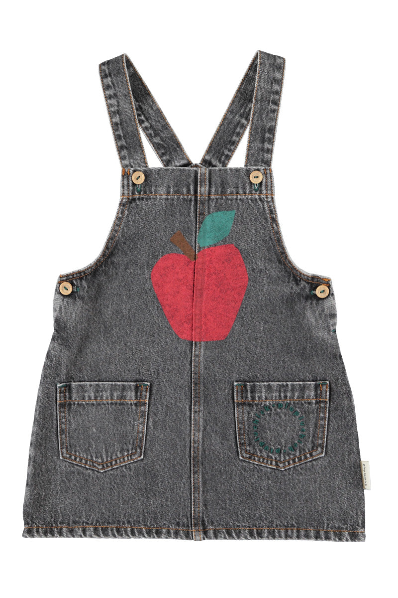 Short Dress With Straps Washed Black Denim Apple Print