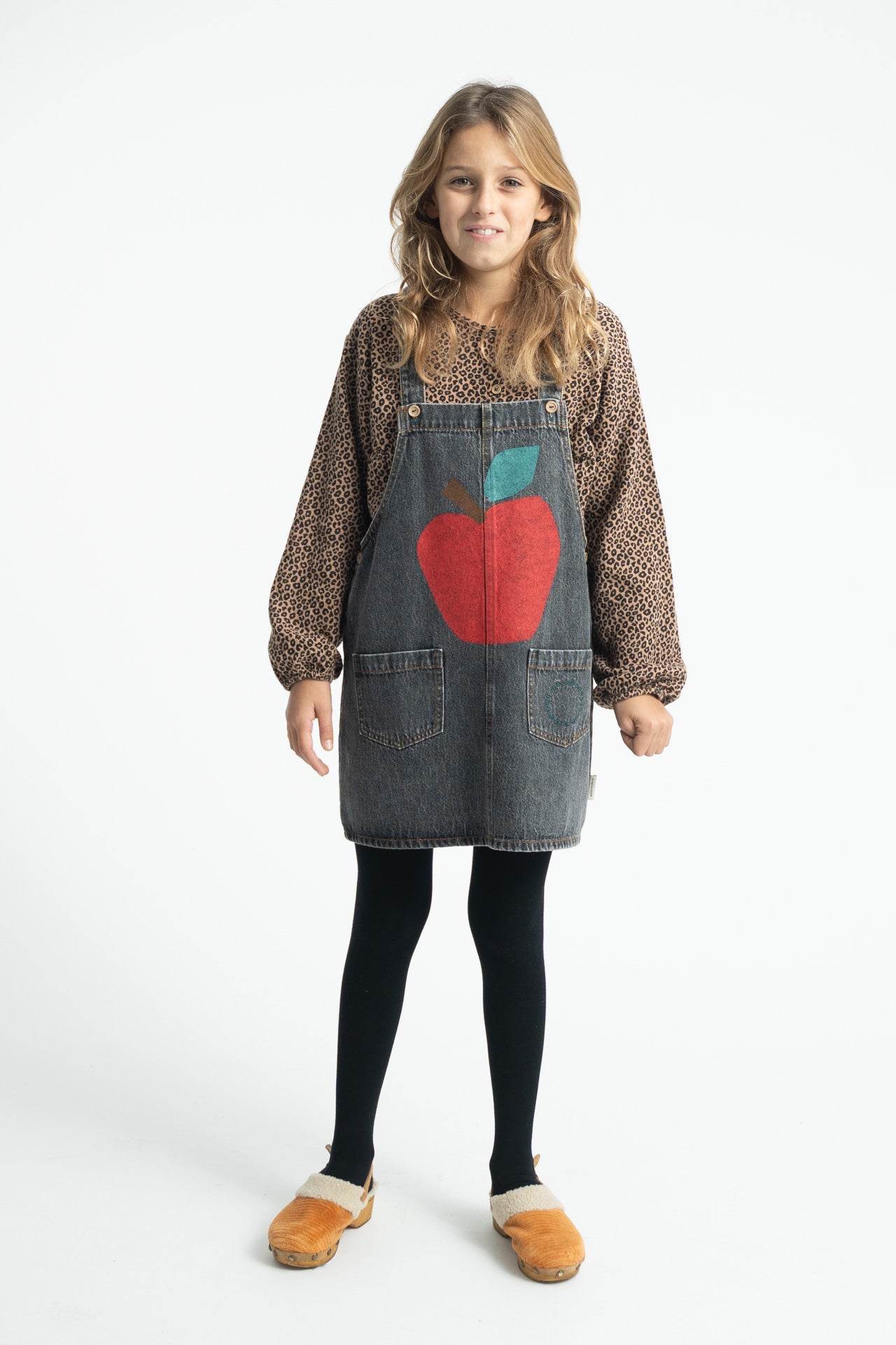 Short Dress With Straps Washed Black Denim Apple Print