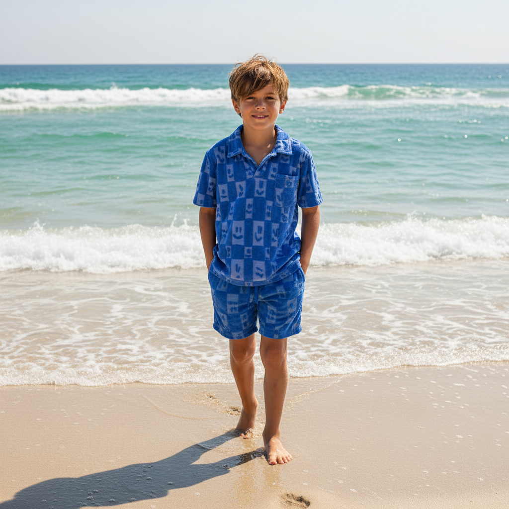 Jongen lopend langs de zee in blauwe polo en short
