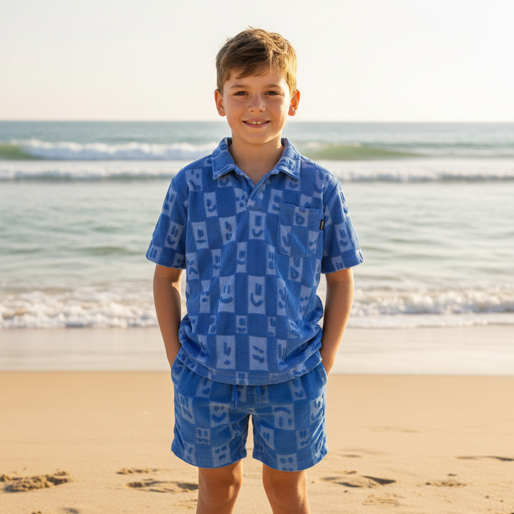 Jongen staand op het strand in blauwe polo en short