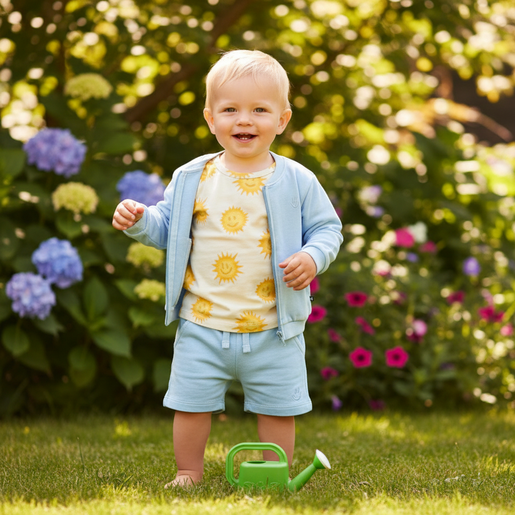 Jongetje met cardigan, t-shirt en short in zomerse setting