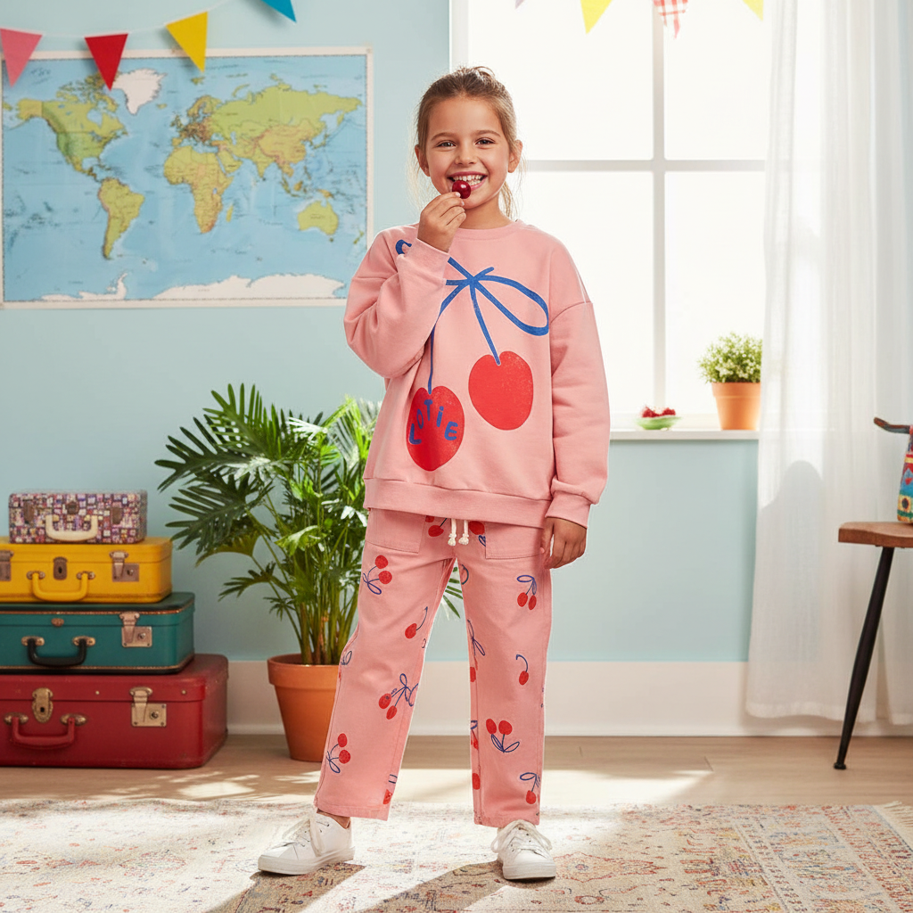 Meisje met kersen sweater en broek